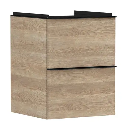 Waschtischunterschrank in Holzoptik mit zwei Schubkästen, geeignet für ein Handwaschbecken. Marke Hansgrohe.